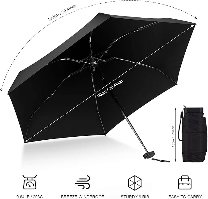 Mini Umbrella - Compact, Waterproof Travel Umbrella for Light Rain, Suitable for Women's Purse and Pocket