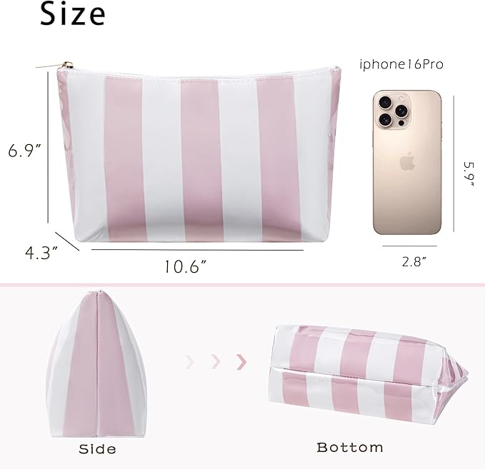 Large PVC Waterproof Striped Makeup Bag,Clear Coated Cosmetic Bags,Easy to Clean,Travel Organizer Zipper Pouch Beach Vacation Essentials for Women Girls(01Pink)