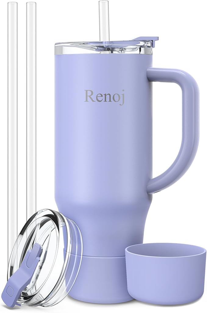 Renoj Insulated Mug 100% Leak Proof Insulated Water Bottle for Iced Coffee & Hot Drinks - Fits Car Cup Holder, Ideal Gift, 2 Straws & Silicone Boot - SnapShift Blue 32 oz