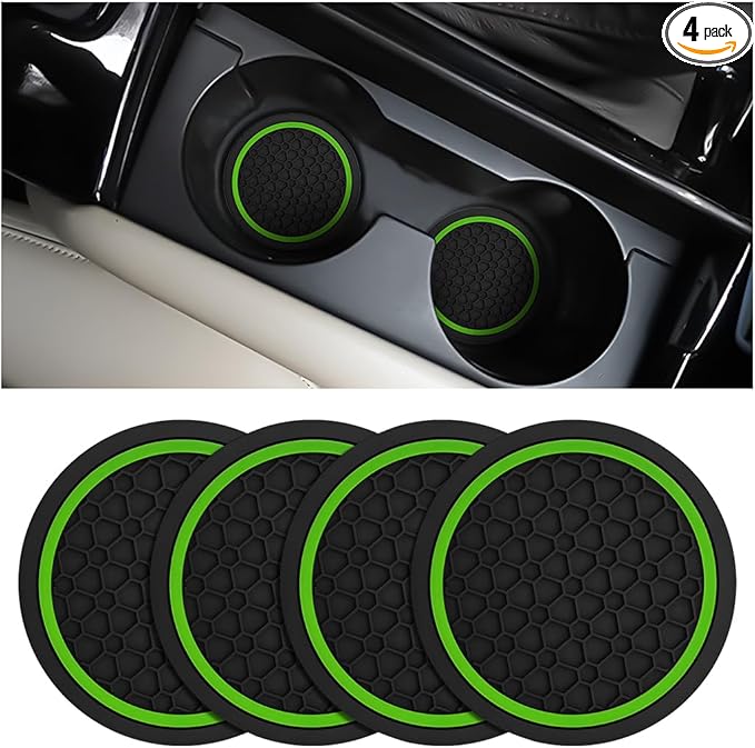 Mandark 4PCS Car Cup Holder Coasters, 2.75 Inch Non-Slip Insert Water Bottle Holder Pads, Dustproof Automotive Interior Accessories Mat, Universal for Vehicles, Trucks, RVs and More (Black/Green)