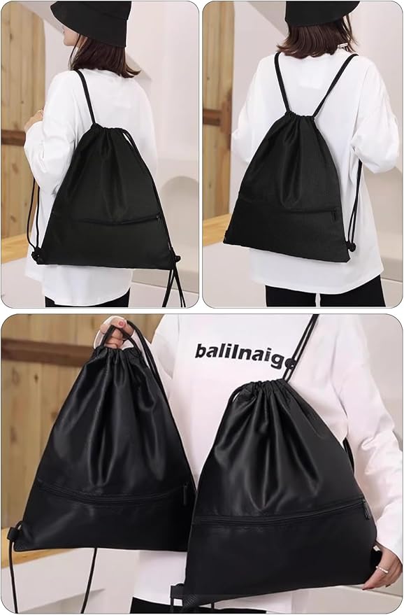 Drawstring Backpack Gym Bag For Men Women String Sports Backpack With 2 Zippered Pocket Large Cinch Sackpack Workout Bag for Gym, Soccer, Basketball, Beach(Navy Blue,16.5 * 19 inches)