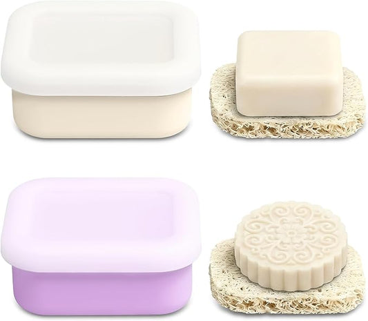 OTHIX 2 Pack Leakproof Silicone Travel Soap Case Travel Essentials-Small Bar Soap Holder Container with Drainage Layer & Mini Portable Soap Dish for Shampoo Bars, Gym, Camping (Cream & Light Purple)