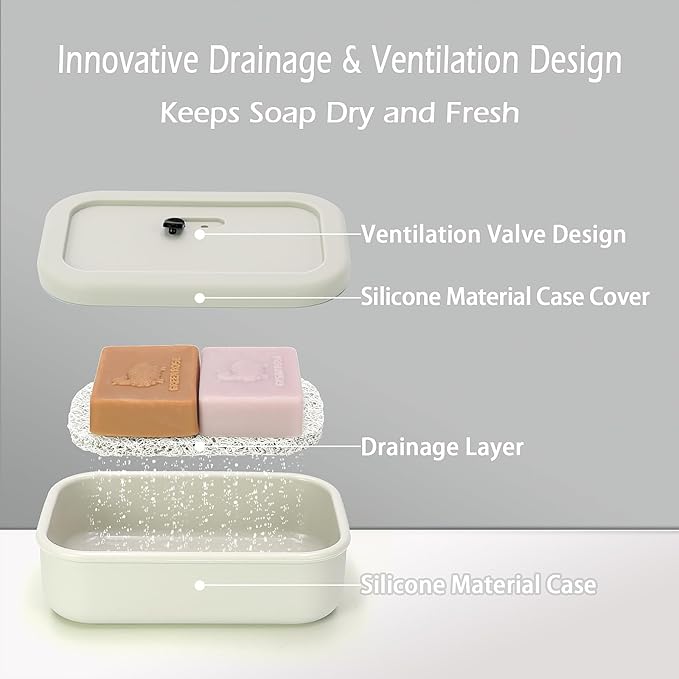 AIDIMMING Large Vented Silicone Travel Soap Case, Leak-Proof Shampoo Bar Holder for Kitsch Shampoo and Conditioner Bar Set, Drain Tray Container for Large Bars, Handmade Bars, Travel Gym (Off White)