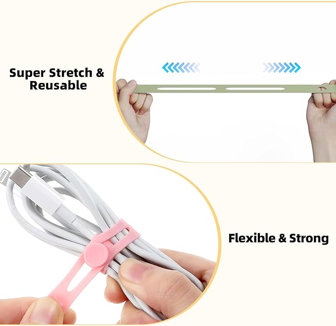 28Pcs Silicone Cable Ties Reusable, Multipurpose Cable Management Organizer, Adjustable Fastening Cable Straps with Locking Buckles, High Elasticity Cord Organizer, Travel Essentials (5.2in, 7Colors)