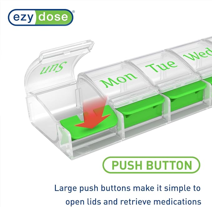 EZY DOSE Weekly (7-Day) AM/PM Daily Pill Organizer, Vitamin Case, and Medicine Container, X-Large Compartments, Arthritis Friendly, Convenient with Effortless Portability, Clear/Green Lids, BPA Free