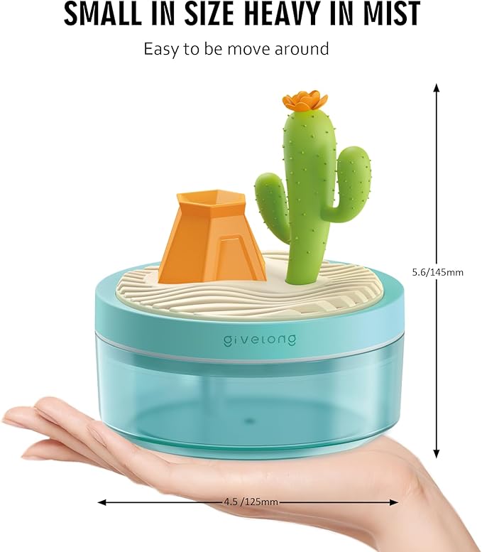 PRATIQUE Mini Portable Desktop Humidifiers for Bedroom,Small Humidifier with Cactus Landscape,Quiet,Cool Mist, Auto Off,7 Colors Night Light,320ml Air Humidifier Home Office Travel (GREEN)