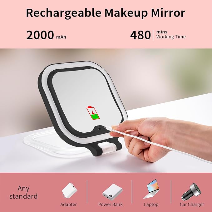 DESCHEN Rechargeable Travel Makeup Vanity Mirror with Lights and Magnification, 7" Portable 1X/10X Magnifying Mirror with 4 Color Light, Lighted Makeup Mirror with Magnification, Folding LED - Black