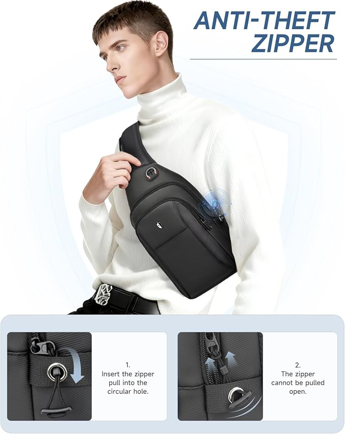 Sling Bag for Men, Anti Theft Crossbody Bag with Lockable Zipper, Water Resistant Chest Bag Fits 11” iPad & Switch 2, Lightweight Sling Backpack for Travel, Work & Commuting