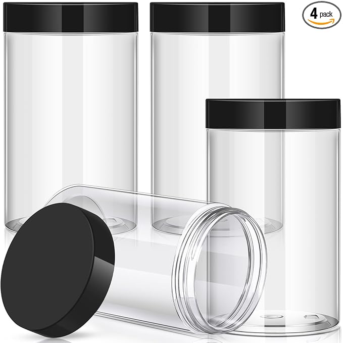 Patelai 4 Pieces Round Wide-mouth Leak Proof Plastic Container Jars with Lids for Travel Storage Makeup Beauty Products Face Creams Oils Salves Ointments DIY Making(32 Ounce,Black)