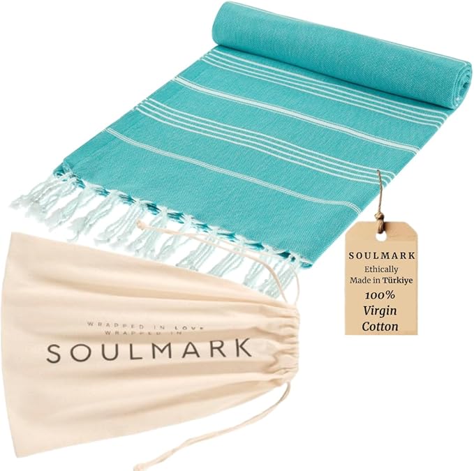 SOULMARK 100% Cotton Turkish Beach Towel with Bag - 38"x71" - Made in Green & Oeko TEX Certified - Pre-Washed & Sand Free - Quick Dry and Lightweight Perfect for Travel - Made in Turkey - Ming Green