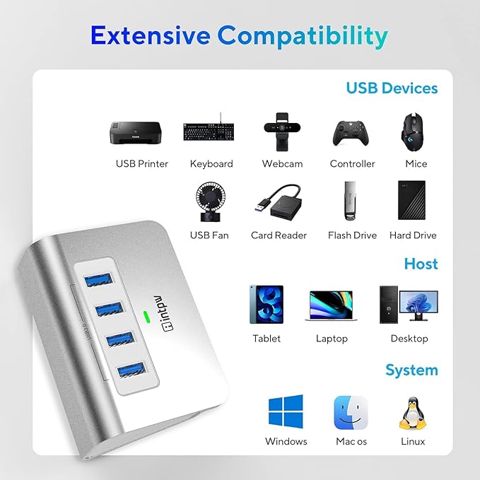 intpw USB 3.0 Hub, Aluminum 4 Port USB Data Hub 3.0 Port Extender Splitter Multiport Adapter with 3.3ft Cable ，USB HUB for PC/Laptop/Xbox/FlashDrive/Printer/Camera/Keyborad/Mouse