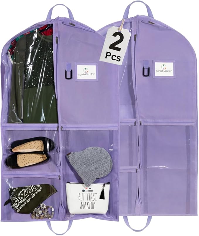 Waterproof Hanging Garment Bag 40 inch Clothes Bag with Gusset, 5 Pockets & Side Zip for Dance Costumes, Sports, Skating, Theatre, Beauty Pageants & More by Kendall Country, Lavender Purple