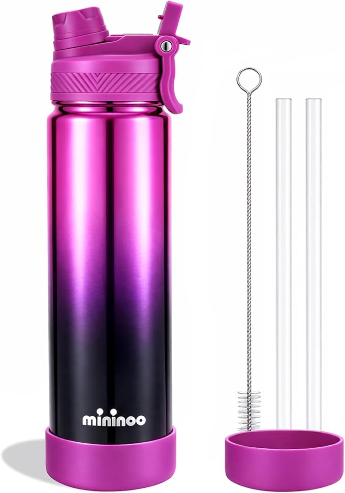 mininoo 24 oz Insulated Water Bottle with 2-in-1 Straw & Spout Lid, BPA-Free & Leak-Proof, Stainless Steel Water Bottle for Sports, Travel, and School, Purple Nova