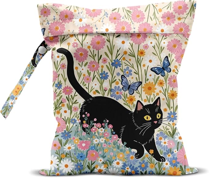 Black Cat Floral Wet Dry Bags Reusable Waterproof Wet Bags Swimsuit Bag Diaper Pouch for Swimsuits Diapers Towels Beach Cat Gifts for Women Friend Travelers 10 x 13 Inches