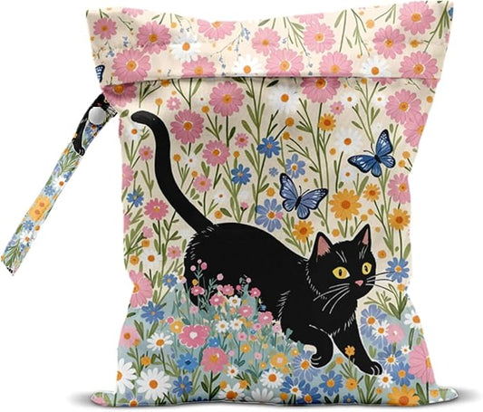 Black Cat Floral Wet Dry Bags Reusable Waterproof Wet Bags Swimsuit Bag Diaper Pouch for Swimsuits Diapers Towels Beach Cat Gifts for Women Friend Travelers 10 x 13 Inches