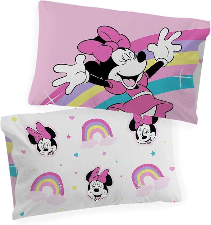 Jay Franco Disney Minnie Mouse Rainbow Stripe 1 Single Reversible Pillowcase - Double-Sided Kids Super Soft Bedding