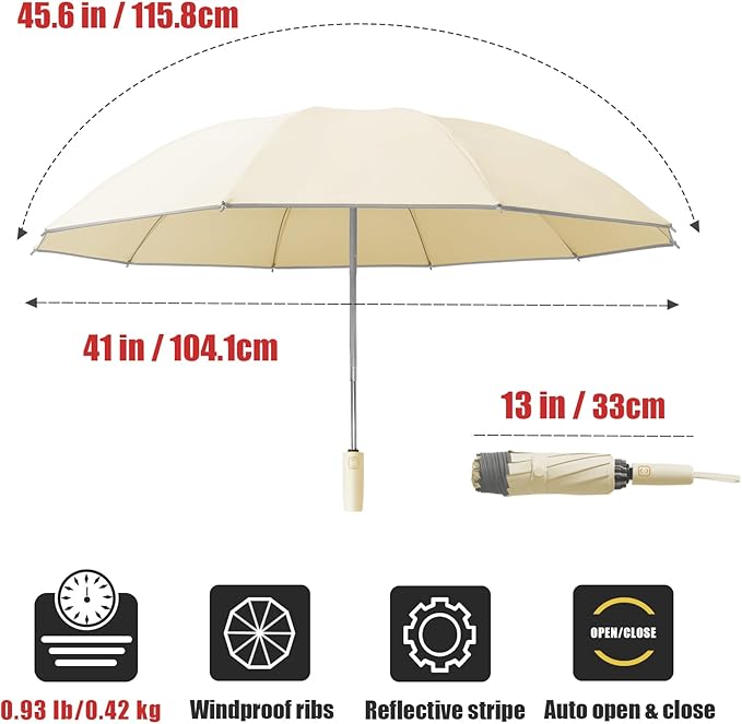 Fogkey Large Windproof Travel Umbrella - Reverse Auto Folding Car Umbrella for Rain and Sun, Compact Inverted Design with Waterproof Canopy, 10 Durable Ribs, Fits Backpack, Portable for Women & Men