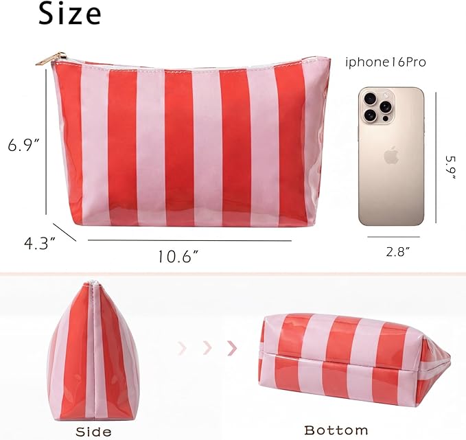 Large PVC Waterproof Striped Makeup Bag,Clear Coated Cosmetic Bags,Easy to Clean,Travel Organizer Zipper Pouch Beach Vacation Essentials for Women Girls(08Orange Pink)