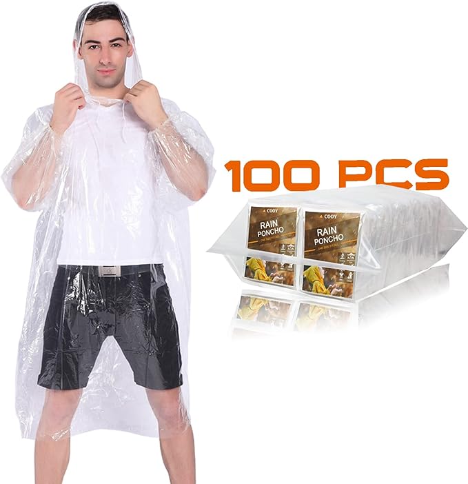 COOY Rain Ponchos,with Drawstring Hood （10 Pack） Emergency Disposable Rain Ponchos Family Pack for Adults,Clear