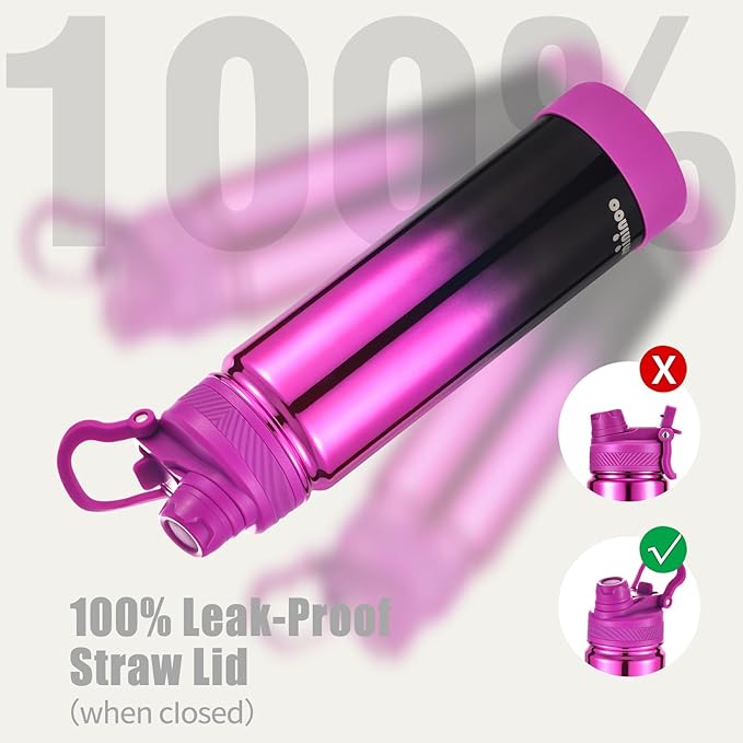mininoo 24 oz Insulated Water Bottle with 2-in-1 Straw & Spout Lid, BPA-Free & Leak-Proof, Stainless Steel Water Bottle for Sports, Travel, and School, Purple Nova