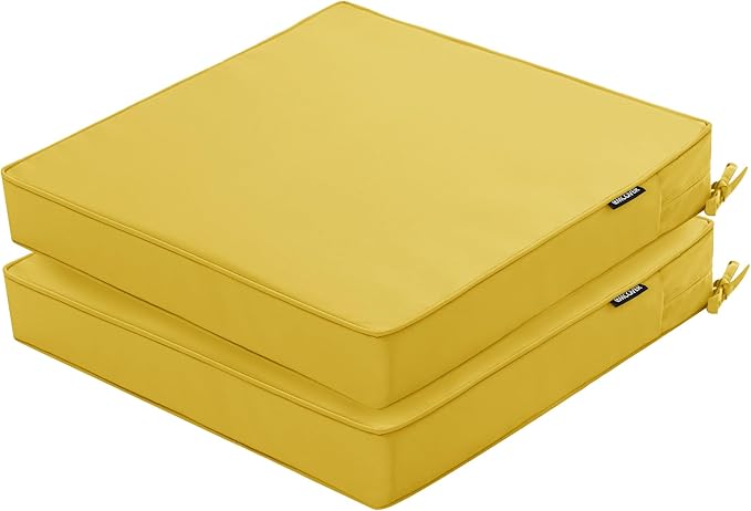 Outdoor Chair Cushions 24 x 24 Inch Water Resistant Patio Chair Cushions with Tie Color Fastness Thick Outdoor Seat Cushion for Garden Lawn Patio Furniture Yellow Set of 2