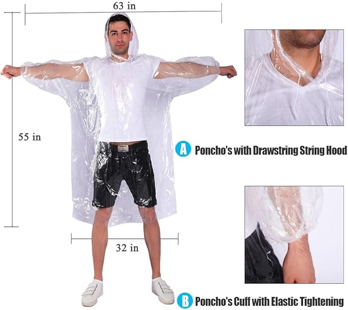 COOY Rain Ponchos,with Drawstring Hood （10 Pack） Emergency Disposable Rain Ponchos Family Pack for Adults,Clear