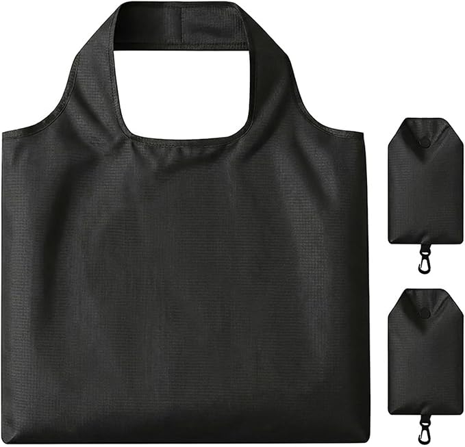 2 Pack Extra Large Foldable Shopping Bag, Waterproof Reusable Grocery Tote Bag Holder, Nylon (Black)