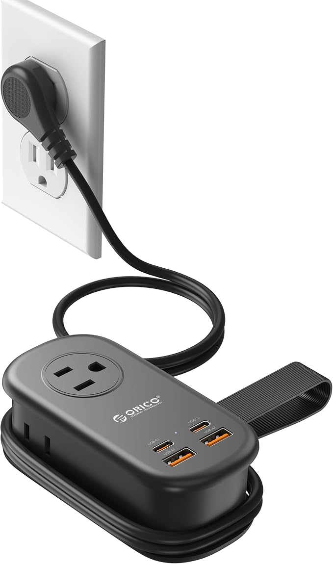 ORICO 65W GaN Travel Power Strip with 7-in-1 Charging Ports (3 AC Outlets/2 USB-A/2 USB-C), Flat Plug and 4FT Extension Cord, Fast Charger for MacBook Pro/Air, iPad Pro, iPhone 17/16/15 -AP3