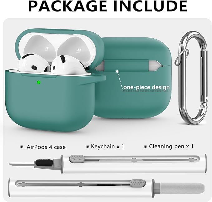 Ljusmicker for AirPods 4 Case 2024 with Cleaner Kit,Soft Silicone Protective Cover for Apple AirPods 4th Generation Cases for Women Men,for AirPod 4 Case Accessories with Keychain-Pine Green