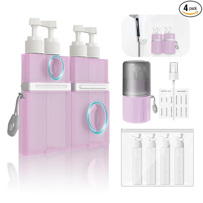 YOTIME 4 in 1 Travel Dispenser Bottle, Vacuum Silicone Suction Cup for Smooth Walls, TSA Approved Leak Proof Travel Size Containers for Toiletries, Shampoo, Body Wash and Conditioner, Pink