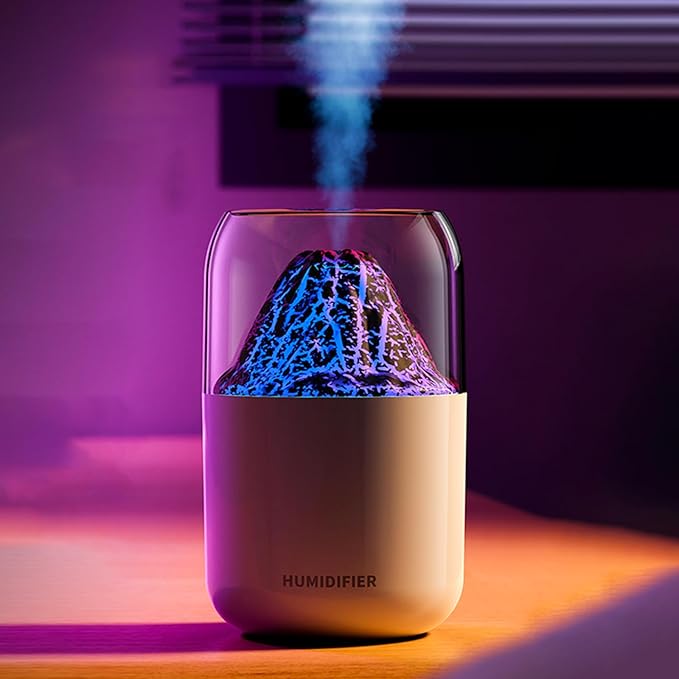 Portable Mini Volcano Humidifier, 300ml Small Cool Mist Humidifier, USB Personal Desktop Humidifier for Baby Bedroom Travel Office Home, Auto Shut-Off, 2 Mist Modes, Super Quiet-white