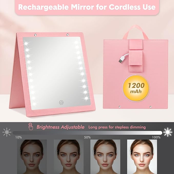 Fabuday Lighted Hanging Mirror for Dance Backstage - Rechargeable Folding LED Full Length Mirror with Lights for Dancers, Portable Foldable Travel Body Mirrors, Brightness Adjustable, Pink