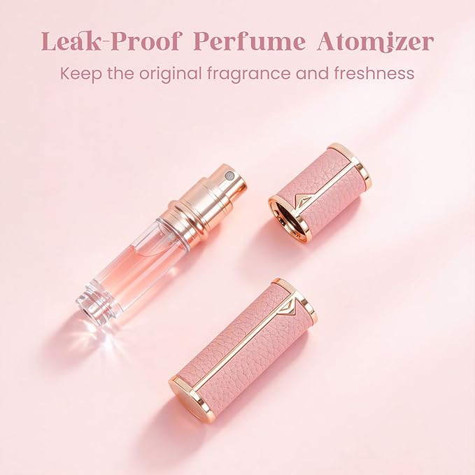 Perfume Travel Refillable Bottle,Perfume Atomizer 5ml Genuine Leather Bottom-Filling,Mini Cologne Sprayer,Spray Bottles for Cruise Gift Travel Accessories (Pink)