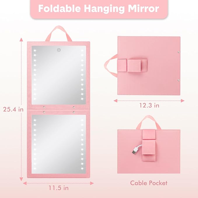 Fabuday Lighted Hanging Mirror for Dance Backstage - Rechargeable Folding LED Full Length Mirror with Lights for Dancers, Portable Foldable Travel Body Mirrors, Brightness Adjustable, Pink