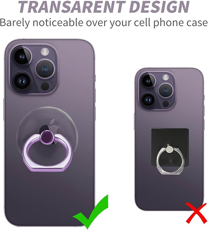 2 Pack Jsoerpay Clear Phone Ring Holder, Transparent Cell Phone Ring Grip 360°Rotation Finger Ring Stand, Phone Kickstand Compatible with Most of Phones, Tablet and Case, Lavender