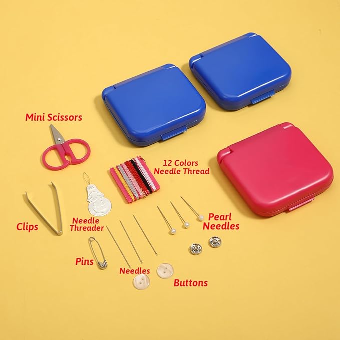 Exclaith 20 Pack Mini Travel Sewing Set Portable Sewing Kit Emergency Sewings Kit Travel Small with Threads Scissors Needles for Women, Mom, Traveler, Adults, Beginner, Blue, Rose Red