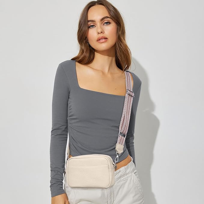 Small Crossbody Bags for Women Genuine Leather, Guitar Strap Shoulder Handbag Purse Camera Bag with Rfid Card Slots, Beige