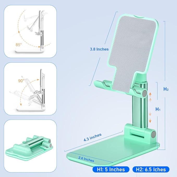 Phone Stand for Desk, Cell Phone Holder Cute Smart Cellphone Stand Foldable Stands Compatible with Under 8" Devices, Office Accessories, White&Green