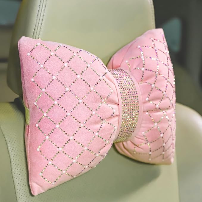 Carwales Car Headrest Pillow Pink Sparkly Bling Rhinestone Accessories for Women Bow Seat Neck Support Pillow for Travel Driver Chair Head Rest 2pcs