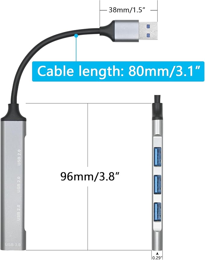 4 Port USB Hub with 3inch Cable, Multi Port USB Extender Adapter,1 USB 3.0/3 USB 2.0 Port, for Laptop, PC, Flash Drives, Mobile HDD and More USB