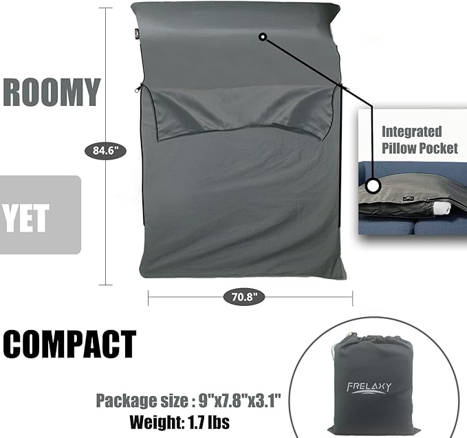 Frelaxy Sleeping Bag Liner, XL Travel Sheet & Camping Sheet for Backpacking, Hotel, Hostels & Traveling, Comfy & Easy Care, 4 Seasons Warm Cold Weather