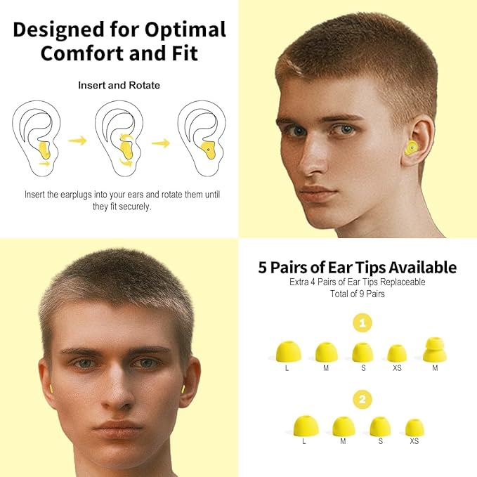 Ear Plugs for Sleeping Earplugs for Concerts Noise Cancelling Reusable Soft Silicone Noise Reduction Earbuds for Travel, Focus, Work 33-45dB Hearing Protection with 9 Ear Tips & Case (Yellow)