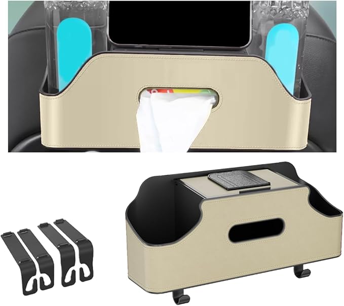 Car Headrest Backseat Organizer, Multi-Functional Vehicle Headrest Hanging Storage Box with Hook Cup Phone Holder Tissue Box, Universal Automotive Interior Seat Back Organizer (Beige)