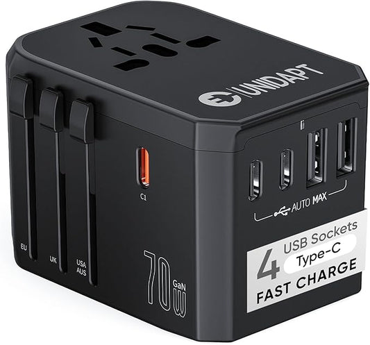Unidapt Universal Travel Adapter, 70W International Plug Adapter with 3 USB-C PD Fast Charging & 2 USB-A Quick Charger Worldwide Adaptor for USA EU UK AUS Black (JY305-MAX)