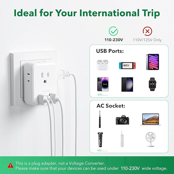 BN-LINK 2 Pack European Travel Plug Adapter, International Power Plug Adapter with 4 Outlets and 3 USB Ports（1 USB C）, 7 in 1 Travel to Europe Spain France Iceland Italy Germany Greece(Type C)