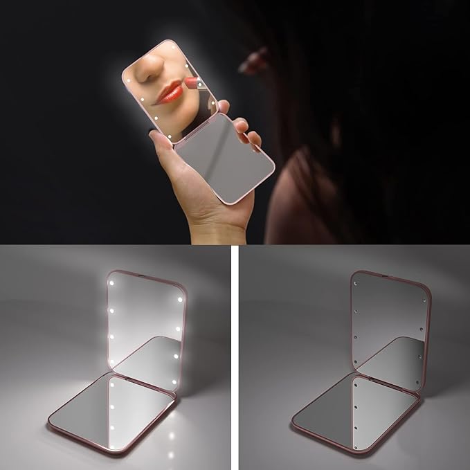 Kintion Pocket Mirror, 1X/3X Magnification LED Compact Travel Makeup Mirror with Light for Purse, 2-Sided, Portable, Folding, Handheld, Small Lighted Mirror for Gift, Rose Gold