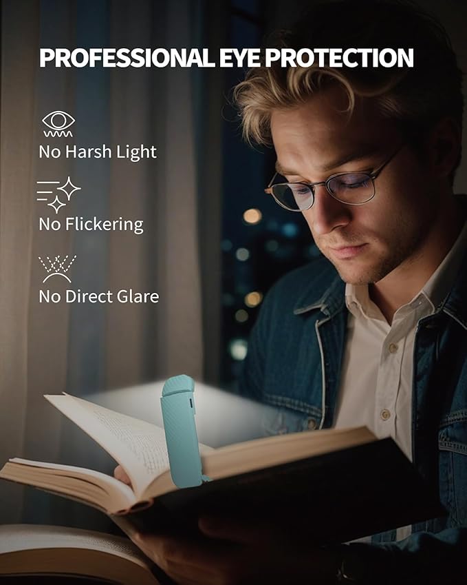 HEMONNKAM Book Reading Light, Rechargeable Clip on Booklight, Eye Caring 3 Color Temperatures & 5 Brightness Levels, Night Use for Bed, Long Lasting, Reading at Night in Bed, Light Blue