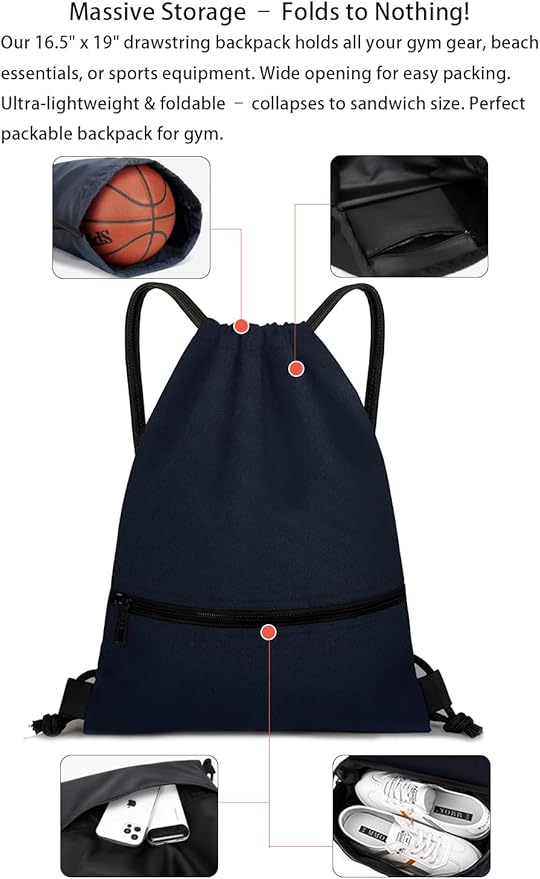 Drawstring Backpack Gym Bag For Men Women String Sports Backpack With 2 Zippered Pocket Large Cinch Sackpack Workout Bag for Gym, Soccer, Basketball, Beach(Navy Blue,16.5 * 19 inches)