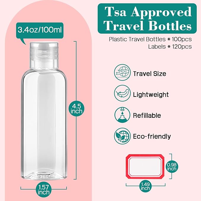 100pcs Empty 3.4 oz Travel Bottles with Flip Cap Tsa Approved Leakproof Plastic Squeeze Small Shampoo Bottles for Toiletries Liquids Travel Essentials Containers for Lotion, Party favors, Bulk Gifting