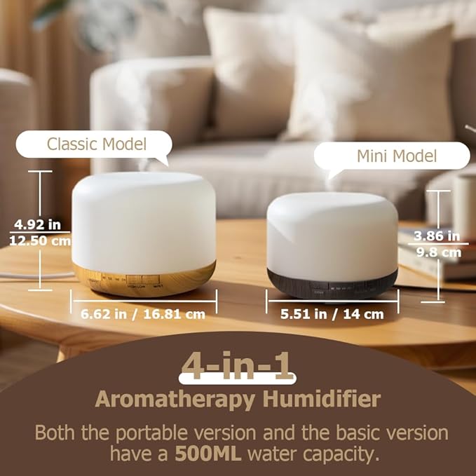 500ml Premium Essential Oil Diffuser,Quiet 4-in-1 Ultrasonic Aromatherapy Humidifier,7 Color LED Lights,with Adjustable Automatic Timer Off Function and Spray Mode. (Light Woodgrain,Classic Model)